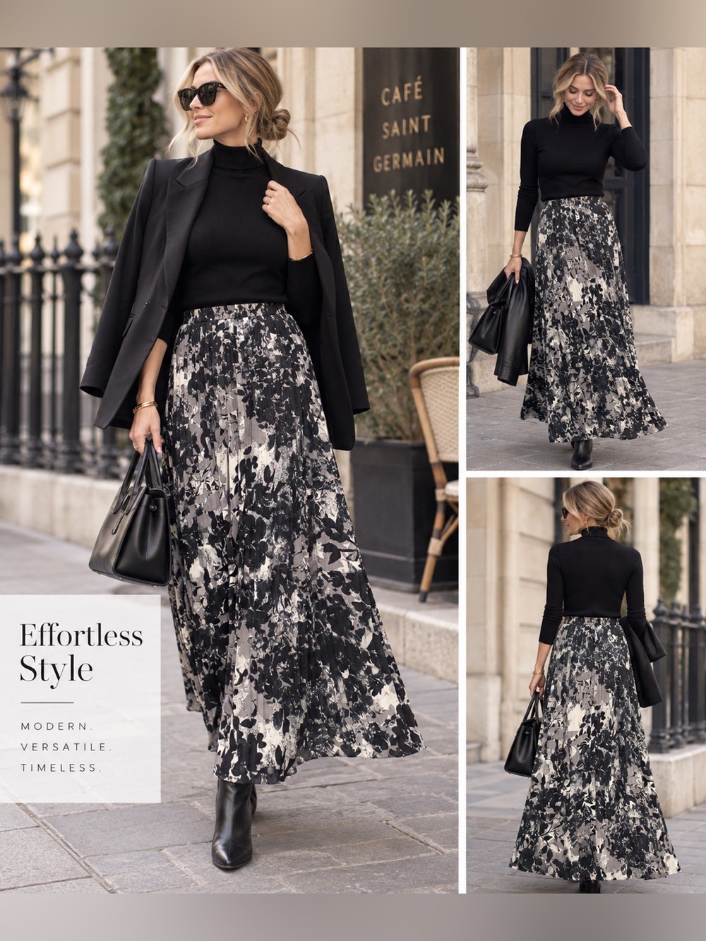 Women's Black & Gray Floral Maxi Skirt - Elegant Pleated Silhouette